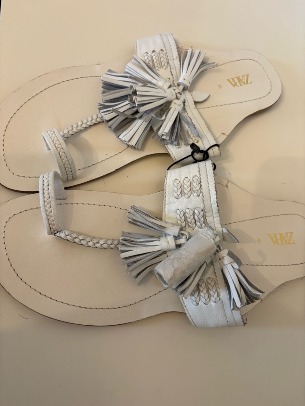 Zara White Braided Tassel Slide Sandals